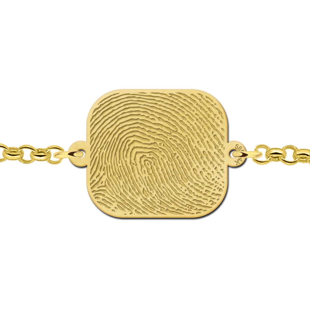 Gouden schakel armband met vingerafdruk op rechthoek met afgeronde hoeken hanger