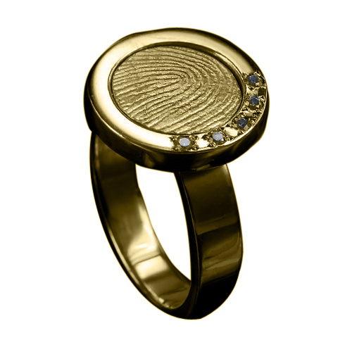 Ring 4mm goud rondje met afdruk en 5 steentjes