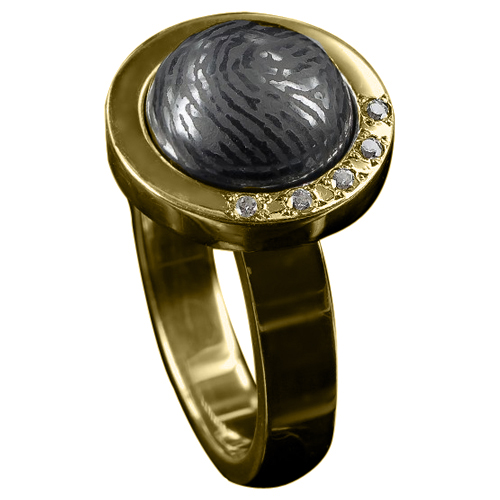 Ring 4mm goud rondje met afdruk, bolle steen en 5 steentjes