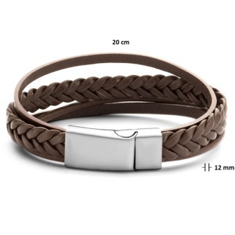 Bruin leren armband dubbel gevlochten  met afmetingen