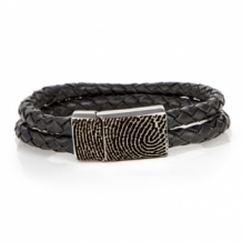 Dubbel gevlochten zwart leren armband met vingerafdruk