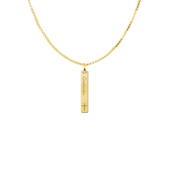 Gepersonaliseerde gouden communie bar hanger met kruis