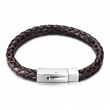 Rond gevlochten bruin leren armband