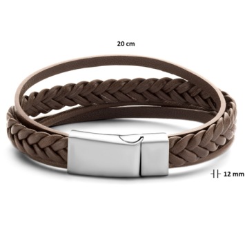 Bruin leren armband dubbel gevlochten  met afmetingen
