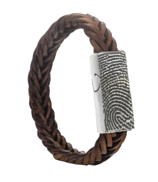 Gevlochten leren armband met vingerafdruk in edelstalen magneetslot, kleur 303 bruin