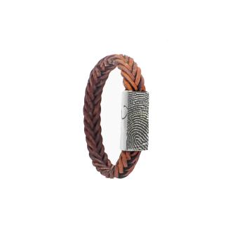 Gevlochten leren armband met vingerafdruk in edelstalen magneetslot, kleur 304 lichtbruin