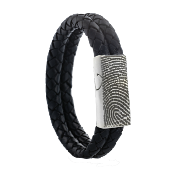 Gevlochten leren armband met vingerafdruk in edelstalen magneetslot, kleur 305 zwart