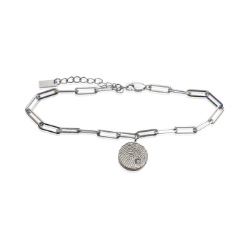 Zilveren verstelbare paperclip armband met ronde bedel met zirkonia