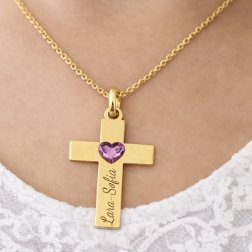 Gouden communiehanger kruis met zirkonia hartje en gravure