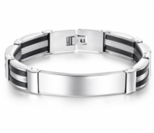 Stalen schakel armband met plaat en zwarte delen