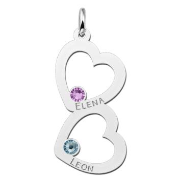Familie hanger met twee harten en geboortesteen zilver