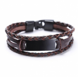 Bruin leren armband met 4 banden en plaat