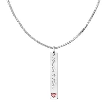 Naamketting Zilveren Bar hanger met gravure met hartjes steen Names4Ever met ketting