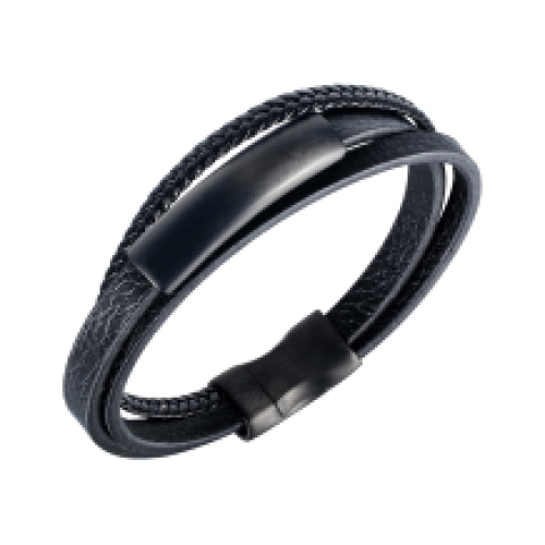 Zwart leren armband met 3 banden en zwarte RVS plaat